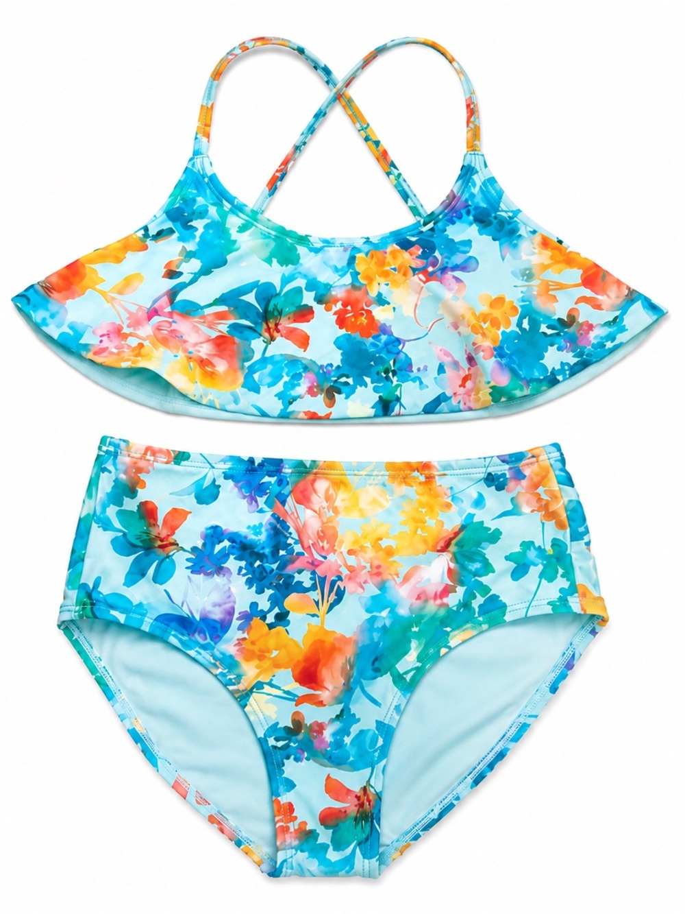 Athleta Girl Lumen Floral High Waisted Bikini Swimsuit Set Aqua Blue- girls L/12